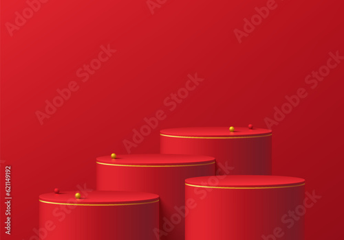 3D Red and gold cylinder pedestal podium background with sphere ball beads in chinese new year theme. Minimal wall scene mockup product showcase, Banner promotion display. Abstract geometric platform.