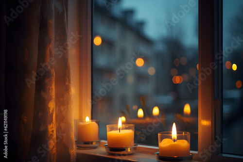 Evening background with burning candles near the window with blurred street view at night. Selective focus. Romantic or relax at home concept. Generated ai