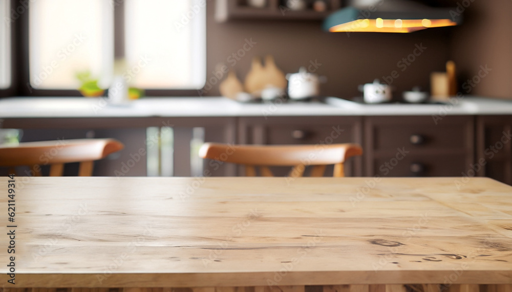 Dining table on blurred brown kitchen interior background Dining table on blurred brown kitchen interior background