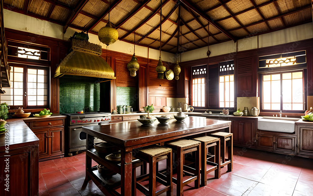 Unique javanese old kitchen by shining bright sunlight of the window