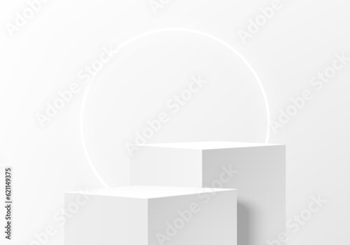 3D white and gray cube pedestal podium background set with glowing neon ring wall scene. Minimal mockup product, Vector stage showcase, Cosmetic banner promotion display. Abstract geometric platforms.