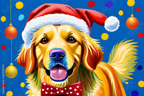 a christams dog wearing a red santa claus hat