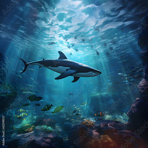 Big shark and other animal of the underwater sea world with selective focus. Deep blue ocean background, ecosystem concept. Generated ai © Rina Mskaya