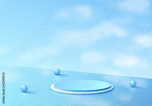 3D blue cylinder podium background on crystal glass floor with cloud blue sky wall scene. Minimal mockup product stage showcase, Cosmetic banner promotion display. Abstract vector geometric forms.