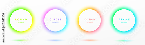 Set of abstract 3D glowing neon lighting circles frames border isolated on white background. Blue, red-purple, green illuminate light round frames collection. Top view technology futuristic elements.