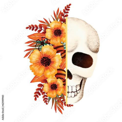 Fototapeta Naklejka Na Ścianę i Meble -  skull and flowers Halloween