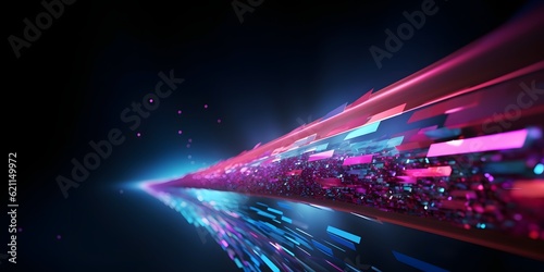 abstract neon arrow. Speed and technology concept. Glowing pink blue lines and bokeh lights, AI Generative