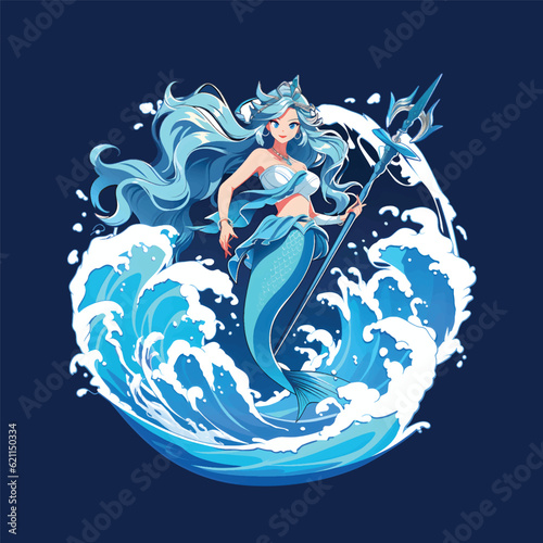Vector Anime Mermaid with wave illustration