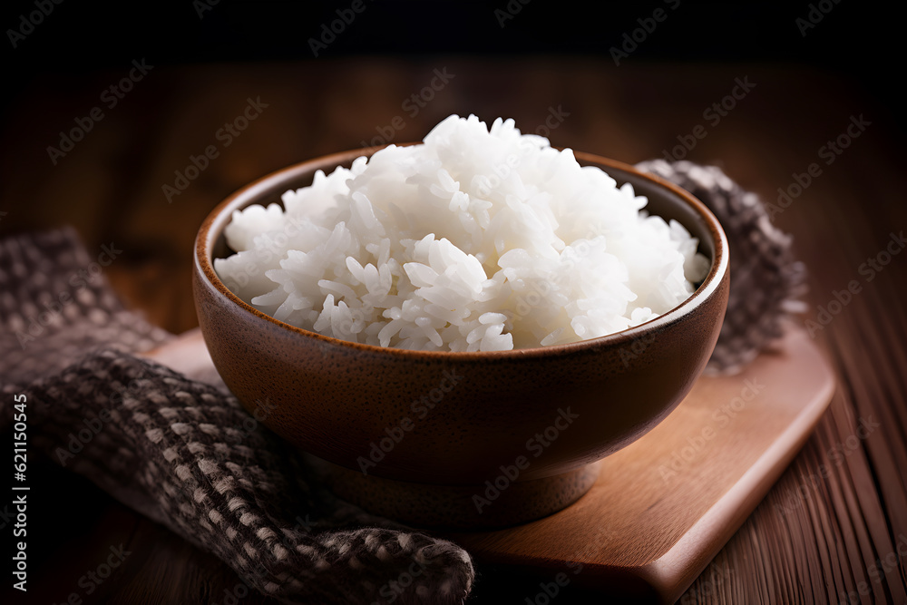 Prepared rise in bowl for cooking asian food rolls or sushi close up on wooden board. Selective focus. Asian food concept. Generated ai Prepared rise in bowl for cooking asian food rolls or sushi close up on wooden board. Selective focus. Asian food concept. Generated ai