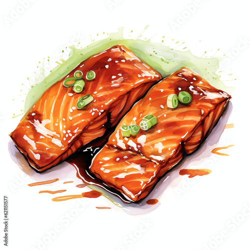 Teriyaki Salmon Delight: Vibrant Watercolor Clipart of Japanese Cuisine on a Crisp White Background