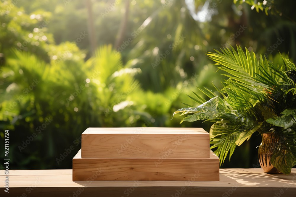 Nature Showcase: Wooden Product Display Podium Surrounded by Lush Greenery - Promoting Sustainable Living and Organic Lifestyle. Nature Showcase: Wooden Product Display Podium Surrounded by Lush Greenery - Promoting Sustainable Living and Organic Lifestyle.