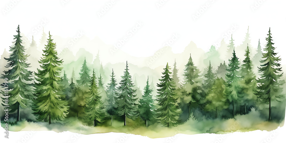 Fototapeta premium Nature's Serenity: Watercolor Landscape of Tranquil Forest