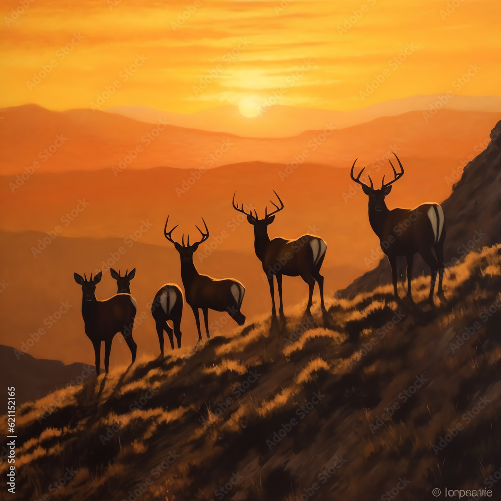 Serenity in the African Savanna: Majestic Sunset over Mountains and Antelopes Oryx in Pristine Wilderness