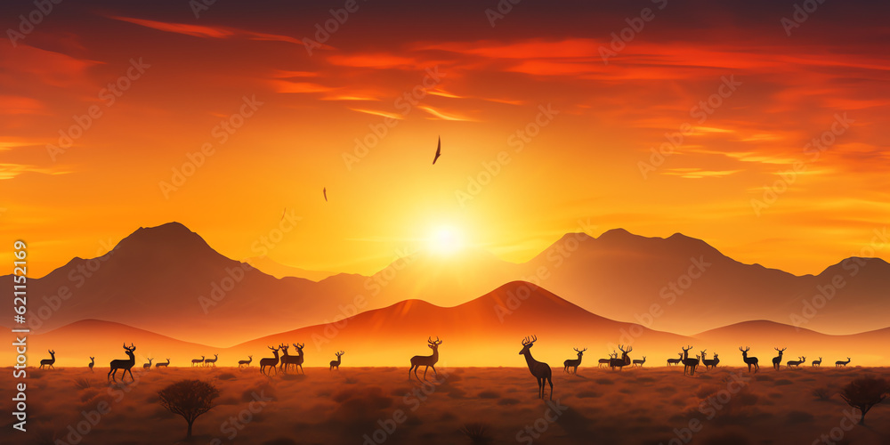 Serenity in the African Savanna: Majestic Sunset over Mountains and Antelopes Oryx in Pristine Wilderness Serenity in the African Savanna: Majestic Sunset over Mountains and Antelopes Oryx in Pristine Wilderness