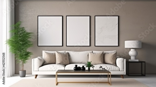 room interior mock up room house beautiful background sofa with blank copy space poster artwork hanging in the backdrop wall home design decoration,generative ai © VERTEX SPACE