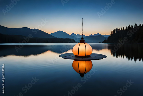 Panoramic stunning photo of lantern reflected on a lake with mirror water surface