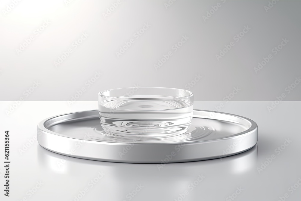 glass of water on a metal tray. Generative AI glass of water on a metal tray. Generative AI