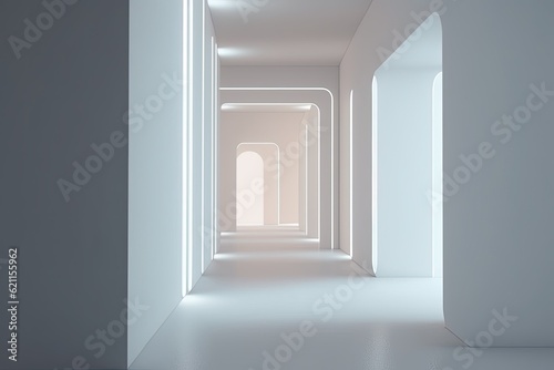 n Empty White Room with Natural Light Illuminating from the Ceiling. Generative AI