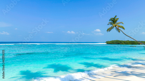 Fototapeta Naklejka Na Ścianę i Meble -  The summer tropical on the sandy beach and turquoise Tropical beach with blue sky background