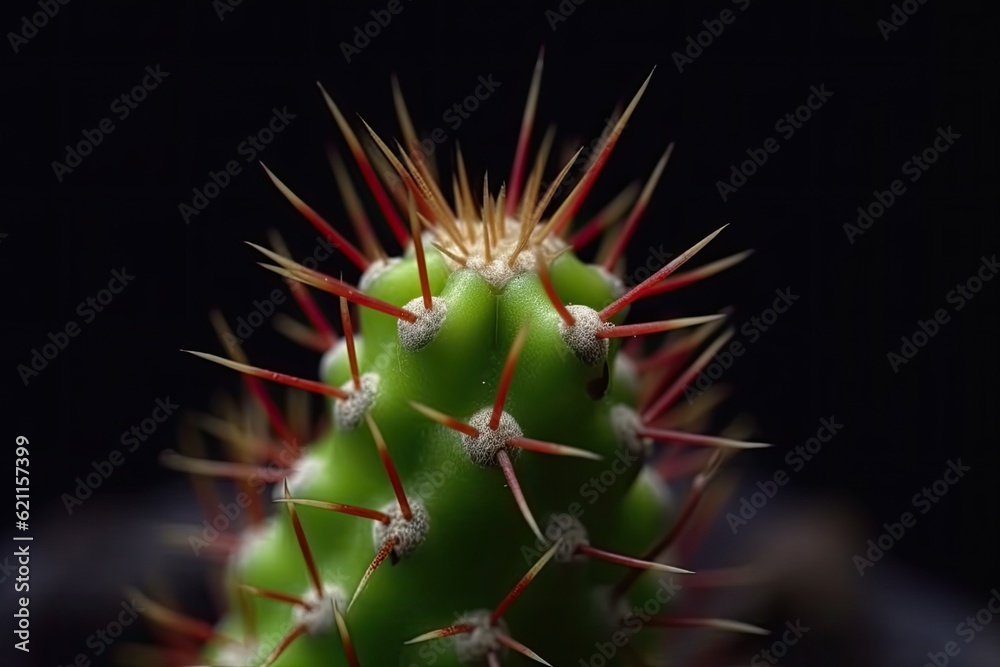 green cactus with red tips in macro view. Generative AI green cactus with red tips in macro view. Generative AI