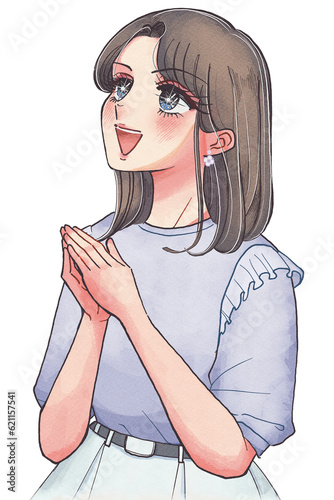 見上げながら感心する、少女まんが風のお姉さんイラスト