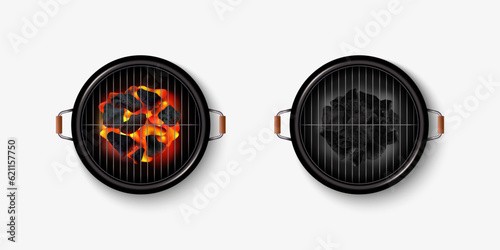 Grill top view. BBQ stove. Realistic barbecue brazier with coal and fire. Empty picnic oven. Outdoor meal cooking. Meat grilling. Metal grid. Hot round object. Vector 3D illustration