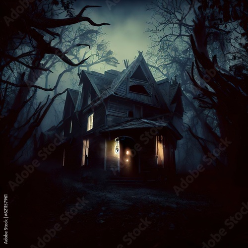 Horror halloween haunted house in creepy night forest