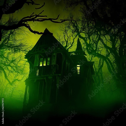 Horror halloween haunted house in creepy night forest, green