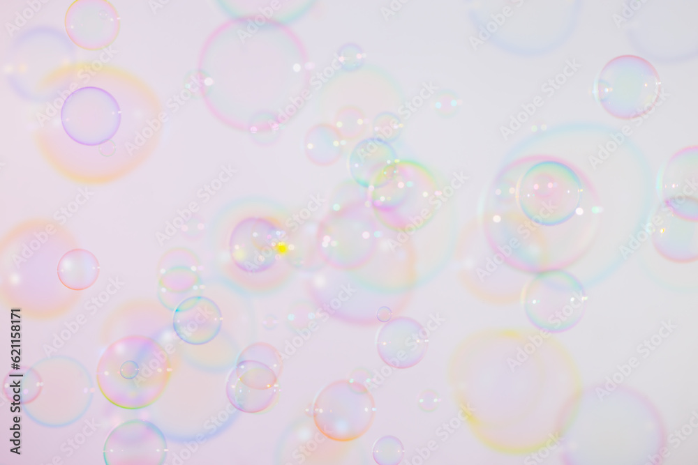 Beautiful Transparent Pink Colorful Soap Bubbles Floating in The Air. Soap Sud Bubbles Water. Abstract Background