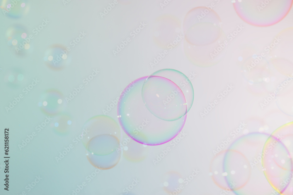 Beautiful Transparent Colorful Soap Bubbles Floating in The Air. Soap Sud Bubbles Water. Abstract Background