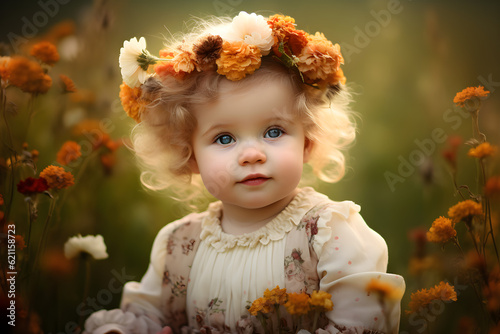 portrait of a baby in a meadow of flowers