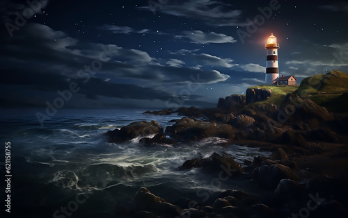 Lighthouse at night on the coast. Generative AI technology.