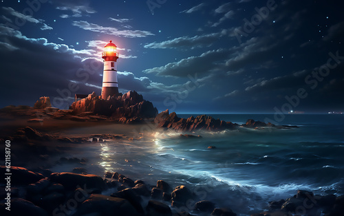 Lighthouse in the night on the coast. Generative AI technology.