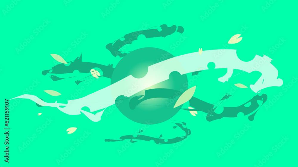 Obraz premium Illustration of Anime Styled Green Energy Ball with Green Environmentalism Floating Leaf and Petals