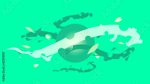 Illustration of Anime Styled Green Energy Ball with Green Environmentalism Floating Leaf and Petals
