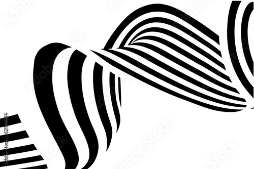 Abstract stripe wave with black and white line. Backdrop geometric bent ribbon for banner, poster, cover, web. Creative wave line 3d optical op art for dynamic design. Vector illustration.