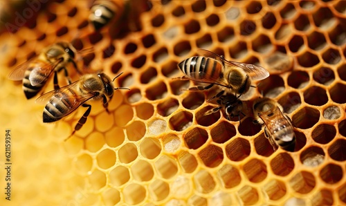 Bees buzz and labor on the honeycomb, crafting nature's sweetest treasure. Creating using generative AI tools