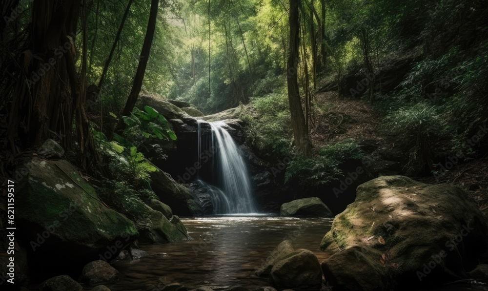 The roaring waterfall creates a symphony of nature in the forest Creating using generative AI tools