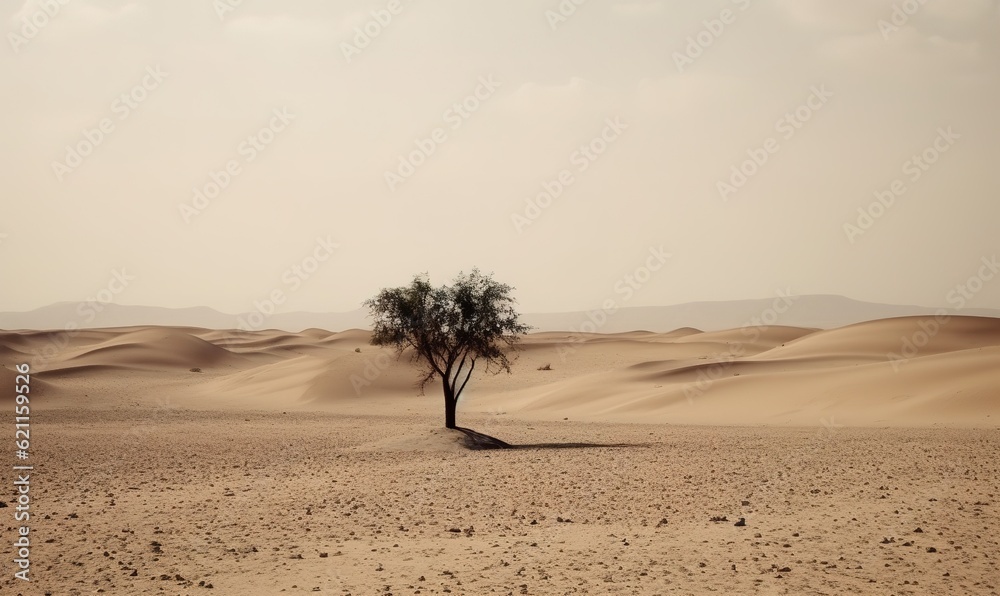 A single tree in the vast desert expanse.