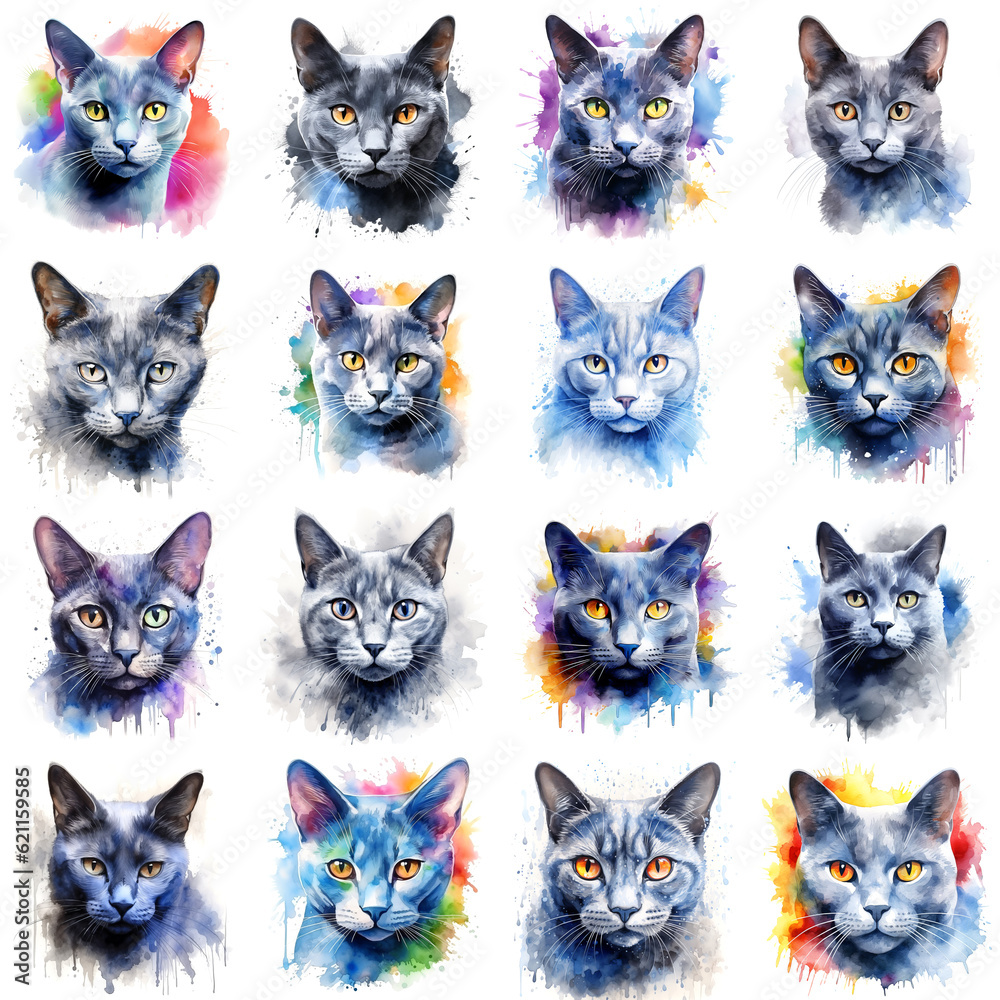Set of cats painted in watercolor on a white background in a realistic manner, colorful, rainbow.