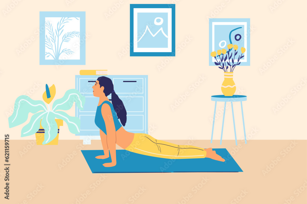 Home sport training. Woman doing athletic exercises on mat. Fitness activity in apartment. Girl in sportswear practicing yoga. Healthy lifestyle. Stretching pose. Vector illustration