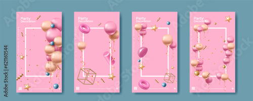 3d birthday balloons. Party decoration. Happy anniversary frame with glossy balloon and gift, cute pink backdrop. Minimal sale render. Vertical banner with copy space. Vector background