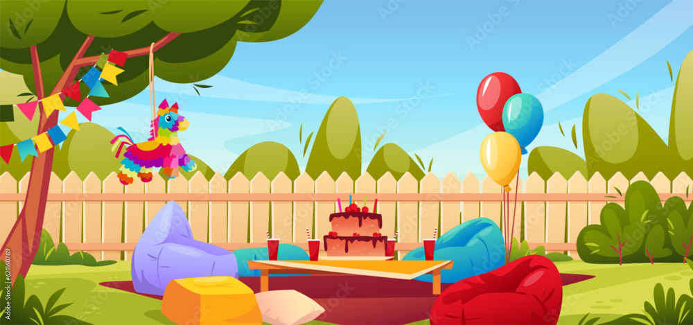 Birthday party background. Cartoon kids holiday in garden. Happy cake