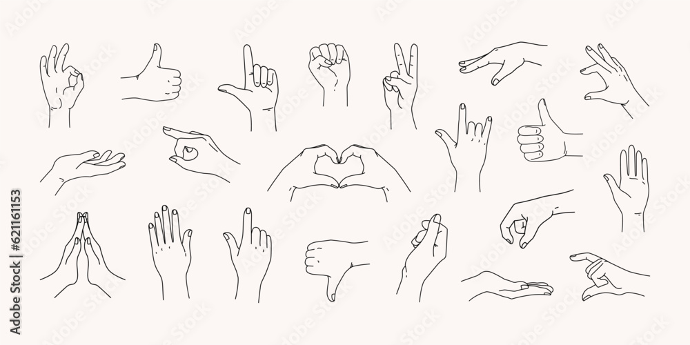 Hand icons. Line finger pointing, different gestures, outline arm hold, sketch love sign, open woman fist, peace and victory, symbols, elegant isolated elements, vector clipart set Hand icons. Line finger pointing, different gestures, outline arm hold, sketch love sign, open woman fist, peace and victory, symbols, elegant isolated elements, vector clipart set