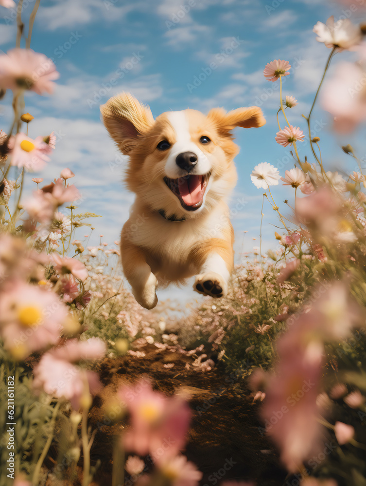 happy corgi dog bounding through summer flowers in the sun, photoreal made with generative ai happy corgi dog bounding through summer flowers in the sun, photoreal made with generative ai