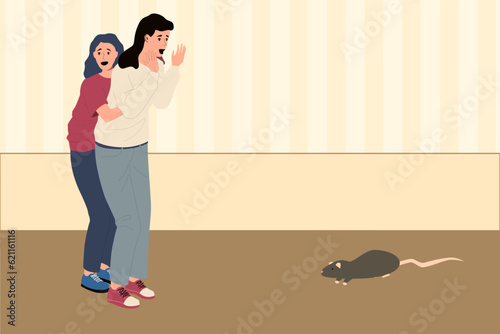 Scared people. Frightened women afraid of rat. Fearful animal. Anxiety mother and girl shouting in room. Terrified family panic. Scary mouse. Phobia and rodent fear. Vector illustration