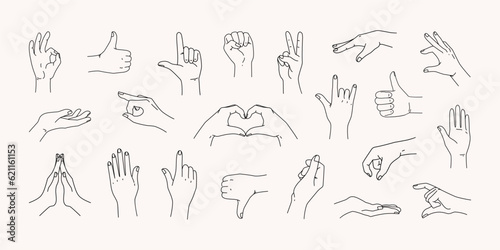 Hand icons. Line finger pointing, different gestures, outline arm hold, sketch love sign, open woman fist, peace and victory, symbols, elegant isolated elements, vector clipart set