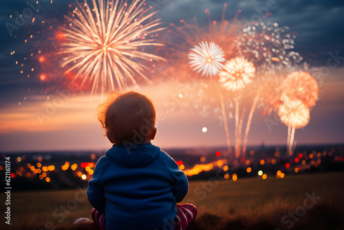 baby sat in a park watching fireworks over the houses photo