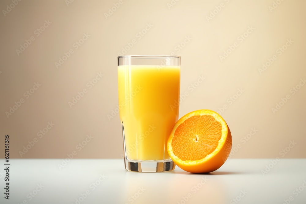 a glass of orange juice next to a half of an orange