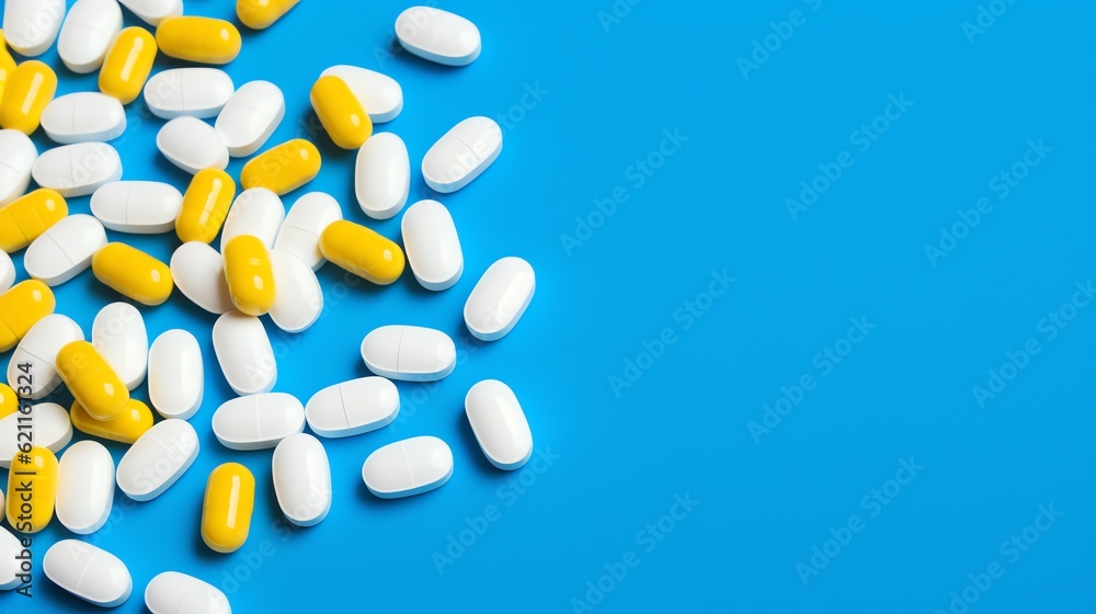 a group of pills on a blue surface